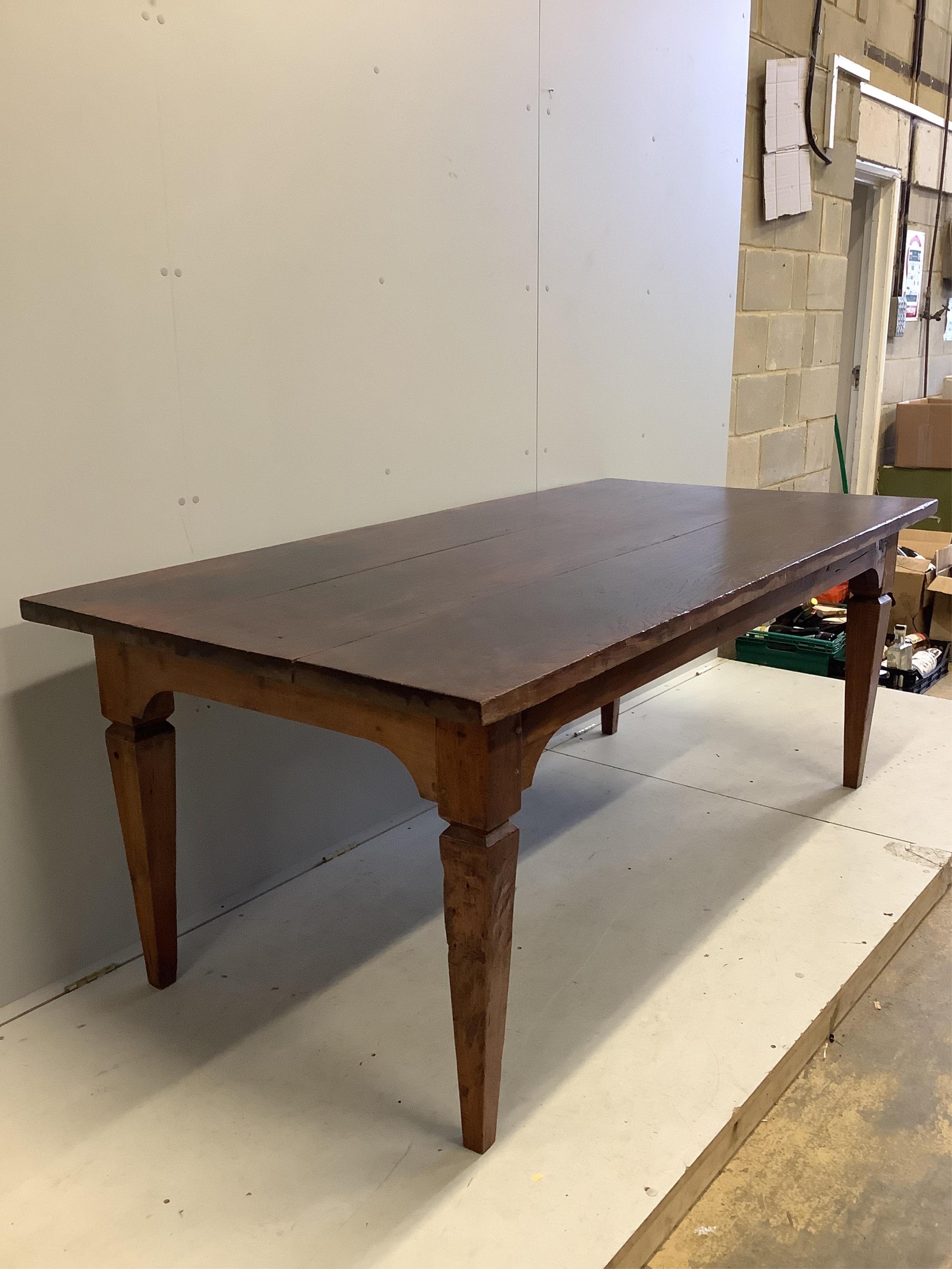 A rectangular French style hardwood dining table, width 205cm, depth 98cm, height 78cm. Condition - fair to good